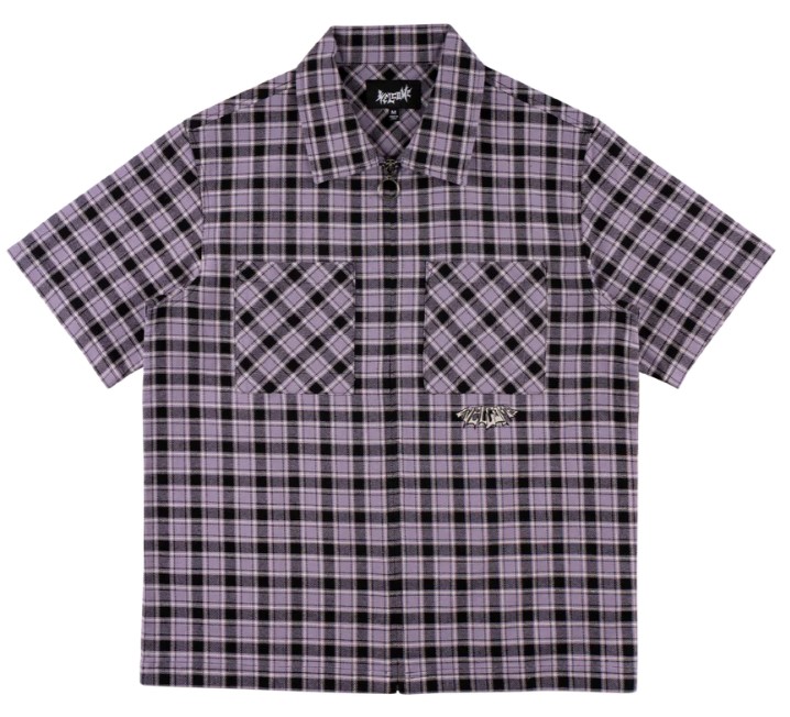 welcome cell woven plaid lavender grey zip shirt